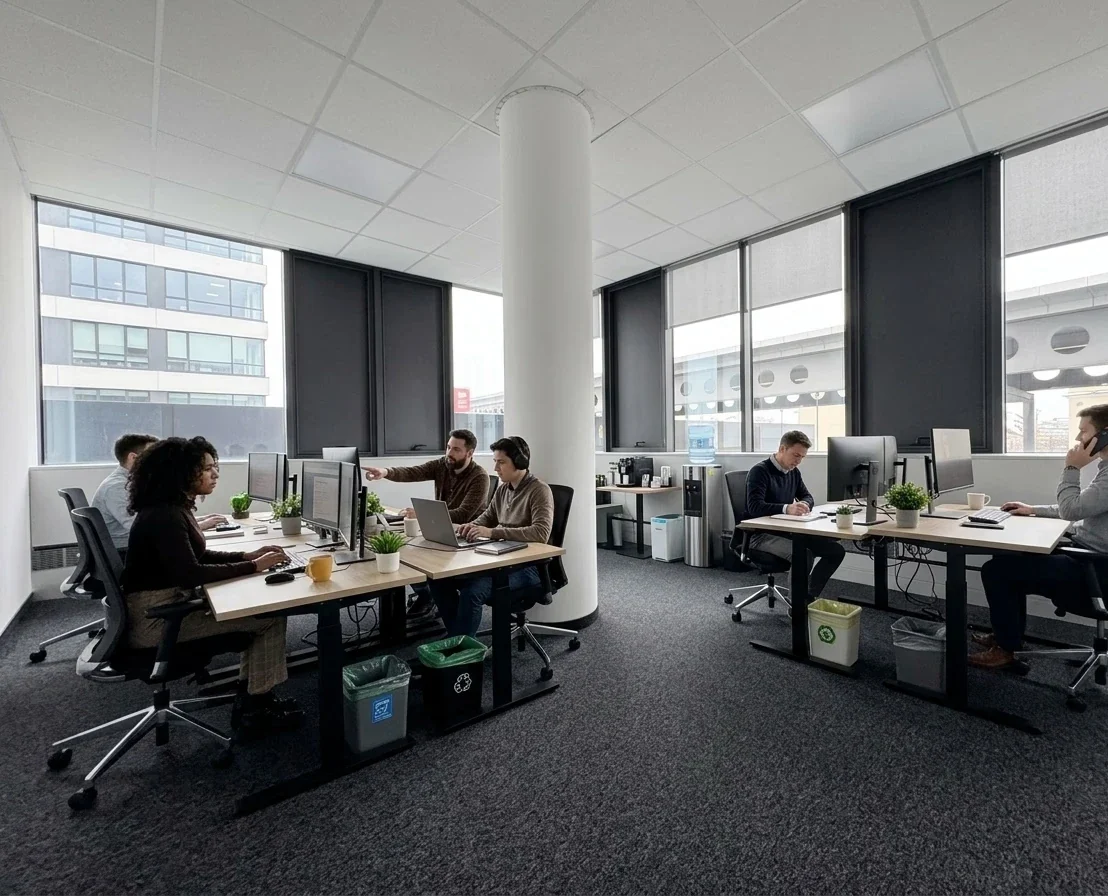 The Heyrise studio: the team at their desks in a bright open office with tall windows.