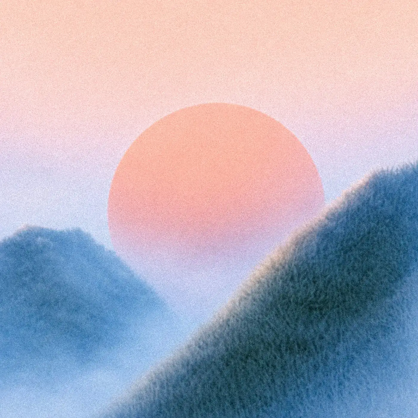 Ein sanfter Sonnenuntergang über körnigen blauen Hügeln.